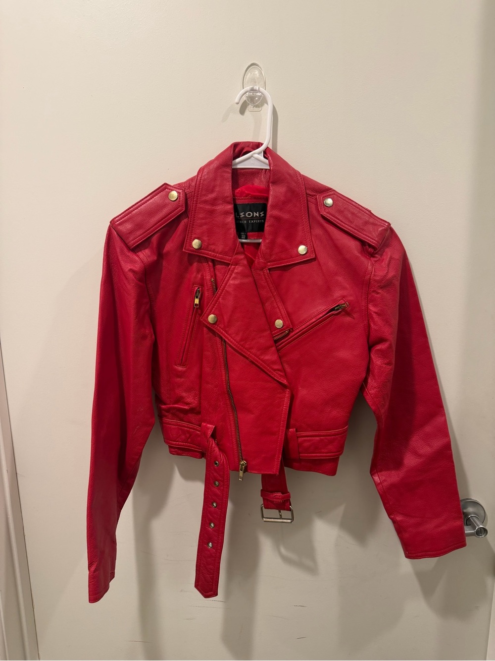 Wilson’s Leather Red Cropped Moto Jacket with Belt